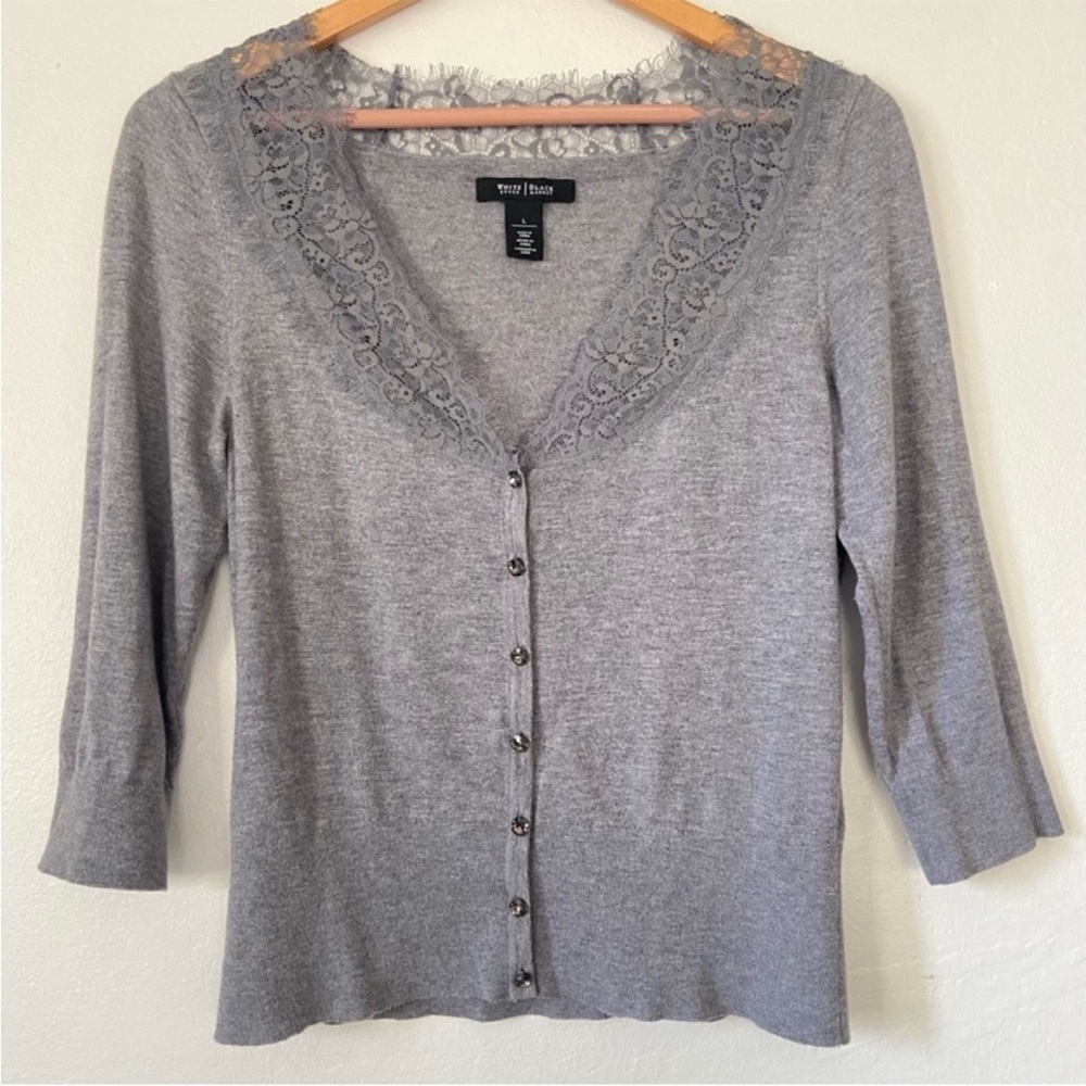 White House Black Market Silver Lace Trim button down Cardigan